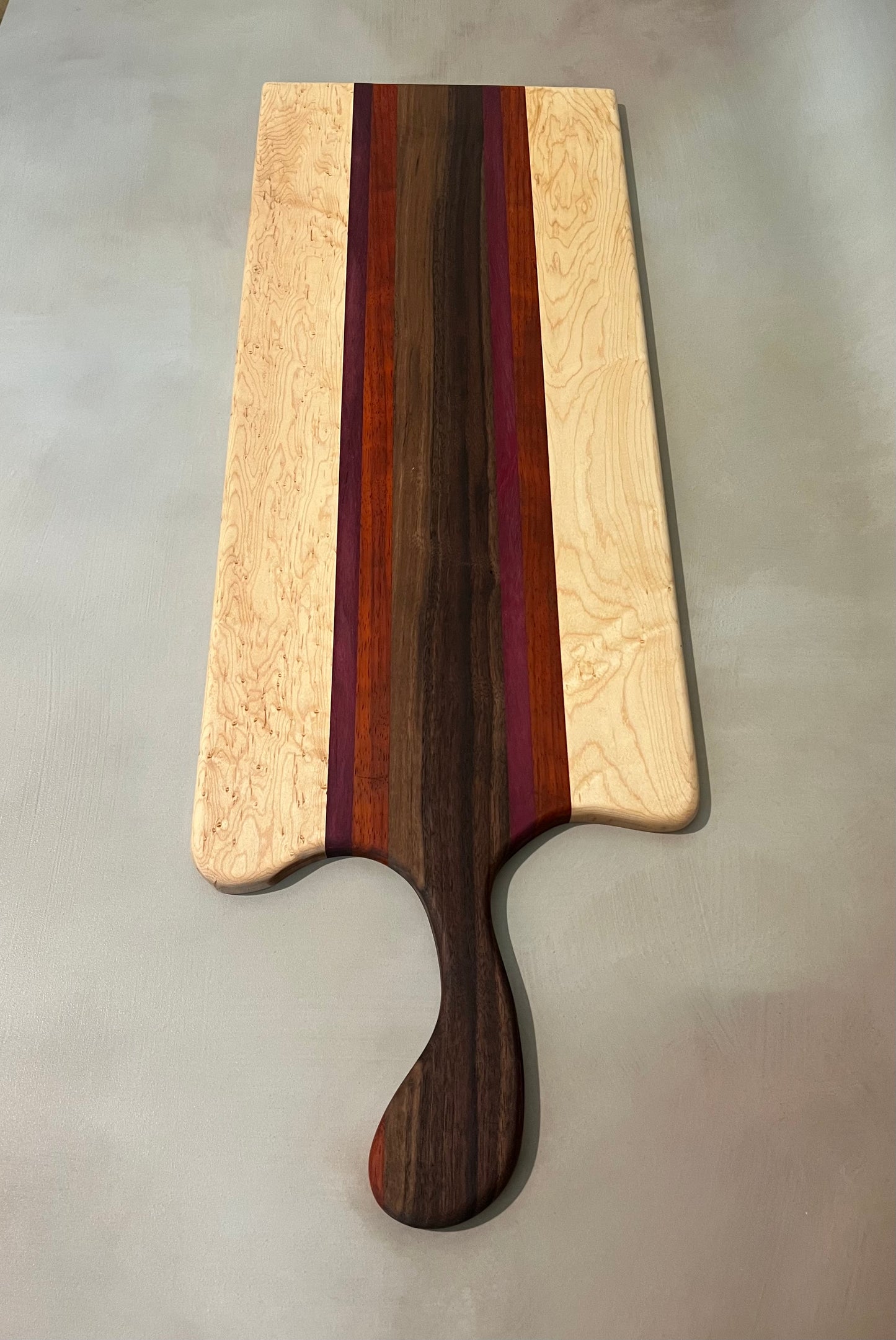 Extra-long Maple, Purple Heart, Walnut and Paduak Board with handle